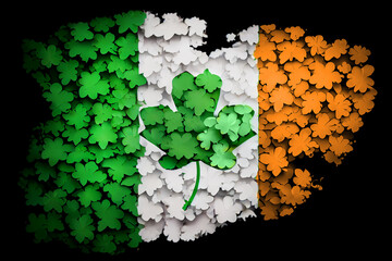 Art Illustration of a St. Patrick's Day Background. Clover leafs on flag element background for happy St. Patrick's Day. Ireland flag made of clover leaves. Generative Ai.