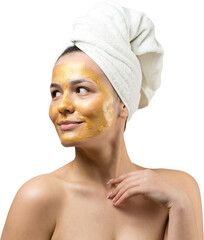 Beauty portrait of woman in white towel on head with gold nourishing mask on face. Skincare cleansing eco organic cosmetic spa relax concept.
