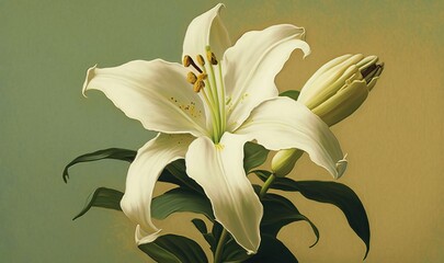  a painting of a white lily in a vase on a table.  generative ai