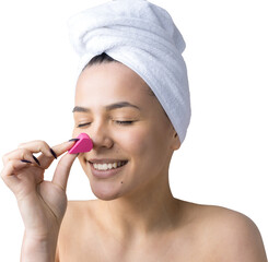 Beauty portrait of woman in white towel on head  with a sponge for a body in view of a pink heart. Skincare cleansing eco organic cosmetic spa relax concept.