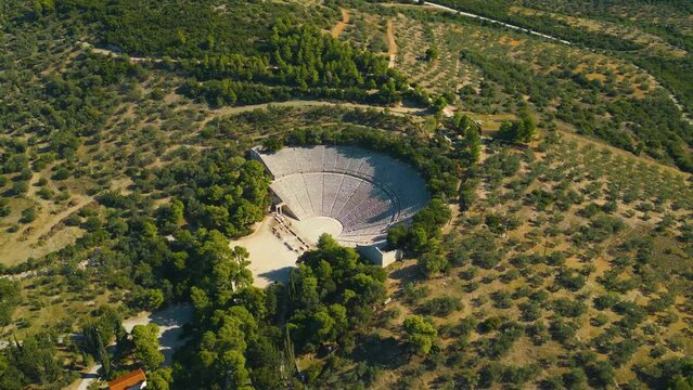 Aerial around the amphitheater Kinortio Oros, Epidavros. On a sunny day in autumn