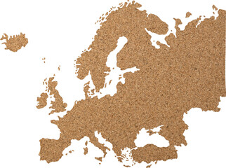 Europe map cork wood texture cut out on transparent background.