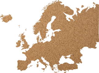 Europe map cork wood texture cut out on transparent background.