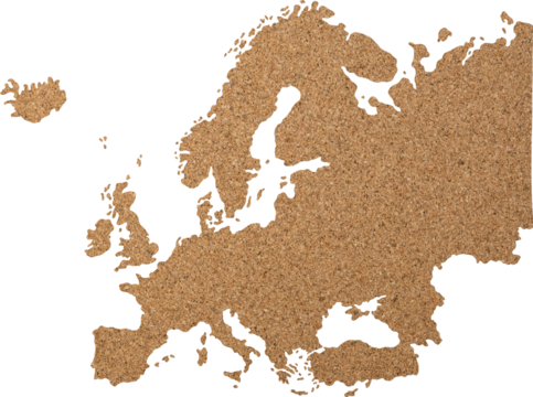 Europe map cork wood texture cut out on transparent background.