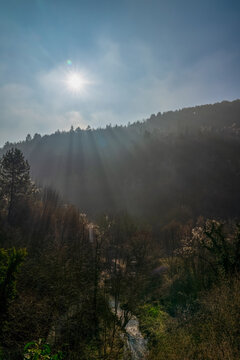 Tokatli canyon with far view of Crystal Glass Terrace (Kristal Cam Teras in Turkish) in a foggy day. Safranbolu, Karabuk, Turkey