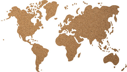 World map cork wood texture cut out on transparent background.