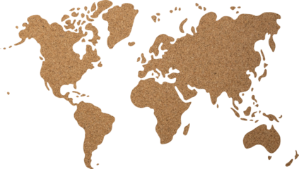 World map cork wood texture cut out on transparent background.