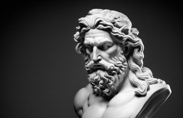 Marble Zeus (or Juppiter) head isolated on black background. Copy space, close up. History and art concept. Generative AI, no real statues or people referenced