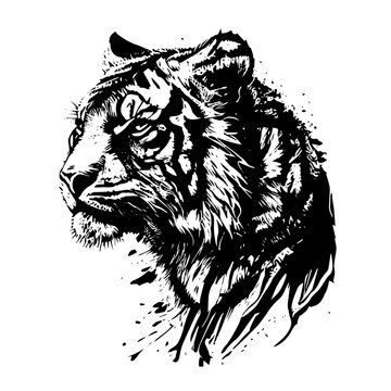 This ink splatz tiger head vector illustration is a bold and striking design, featuring intricate details of the tiger's fur, whiskers, and stripes.