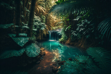 Waterfall in the forest. Generative AI.