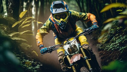 raider motocross in forest track by ai generative  - obrazy, fototapety, plakaty