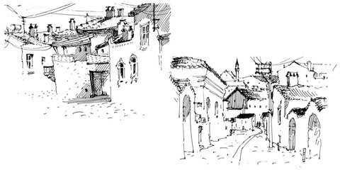 Sketch of the street. Old city street in hand drawn sketch style. Vector illustration. Black and white urban landscape on white background
