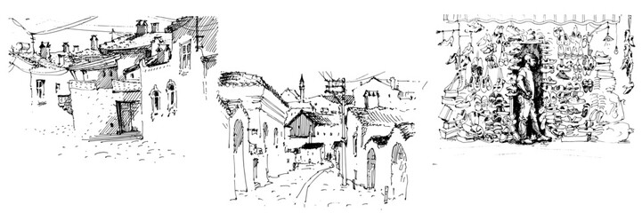 Plakat Sketch of the street. Old city street in hand drawn sketch style. Vector illustration. Black and white urban landscape on white background