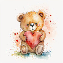 Cute watercolor illustration of a bear holding red heart in his hands. Valentines day illustration. Generative AI
