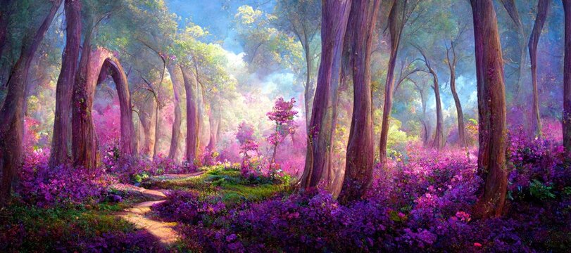 Enchanting surreal forest of purple and pink cherry tree blossoms, dreamlike spring season vegetation, otherworldly, natural beauty, vibrant and imaginative - high detail generative ai.