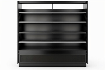 The black shelves rack in the white background. Generative AI.