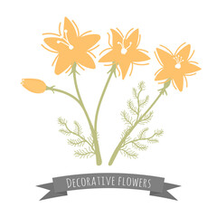 Decorative orange petaled flowers with a white center. Orange lilies. Flat style illustration isolated on white background. Simple childish illustration.