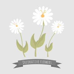 Decorative white petaled flowers with orange center. Flat style illustration isolated on gray background. Simple childish illustration.