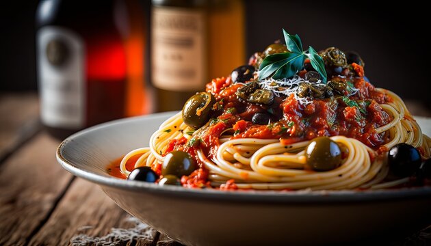 Spaghetti alla puttanesca - spaghetti noodles, canned tomatoes, anchovy fillets, capers, olives, garlic, olive oil, salt, pepper, and red pepper flakes.