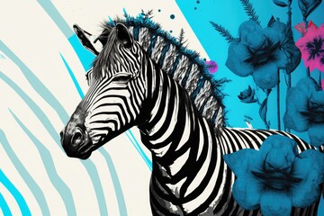 Fototapeta na wymiar Desiring to improve one's situation through daydreaming. A zebra like animal with a unicorn's blue flowers and a pink background, as an alternative to the traditional zebra. Void, or empty space. Cont