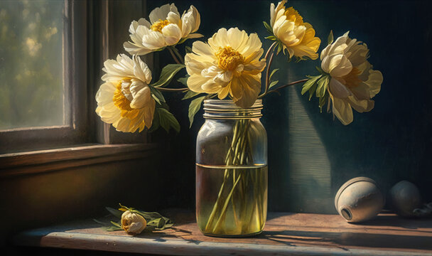  a painting of yellow flowers in a mason jar on a window sill.  generative ai