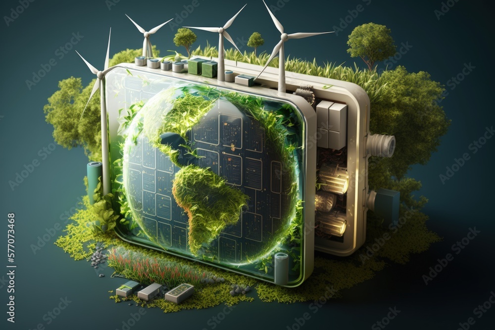 Poster the idea of using renewable energy sources while also protecting the surrounding environment. batter