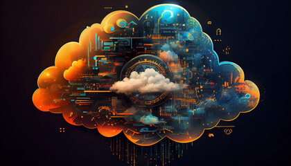 Cloud computing concept, server hardware storage with virtual connections, data flow and symbolic cloud, ai generated