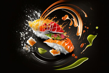 Sushi pieces flying in soy sauce splash, Japanese cuisine with flying sushi pieces in soy sauce splash on black background, Generative AI