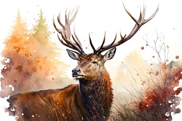 Watercolor Painting of Portrait of Majestic Red Deer Stag in Autumn Fall