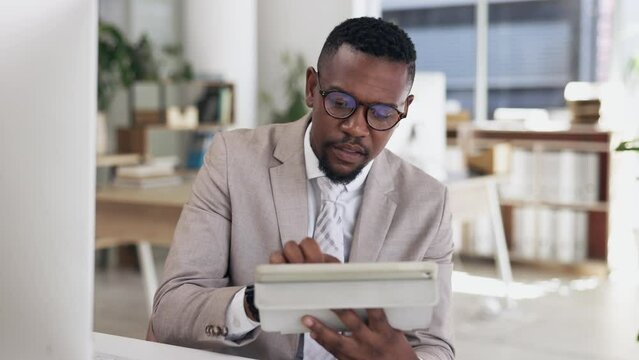 Research, tablet and computer with black man in office for browsing, proposal or data information. Technology, internet and reading with employee scrolling online for application, solution or planner