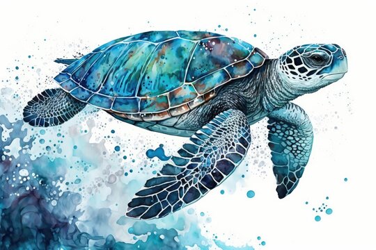There was a blue sea turtle there. Painting in watercolor. Generative AI