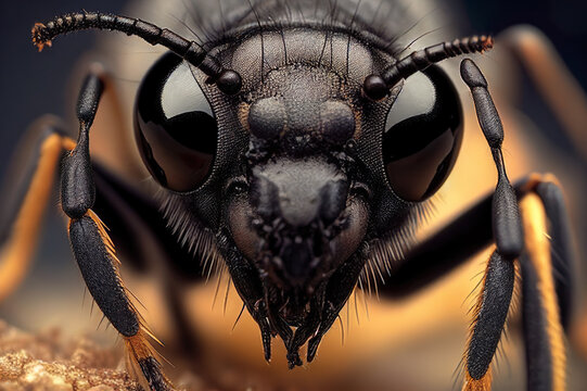 Ant face and head photo. Extreme macro close up portrait of an ant. Black ant. Generative AI.