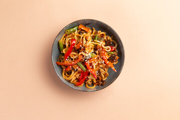 Wok Noodles with vegetables in a plate.