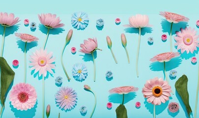 Fototapeta na wymiar a group of pink and blue flowers on a blue background. generative ai