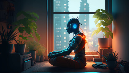 Android meditating listening to music, neon headphones in Lotus pose in an apartment next to a window with plant, light and cables coming out of body, urbanscape, cityscape, yoga pose, Generative Ai - obrazy, fototapety, plakaty