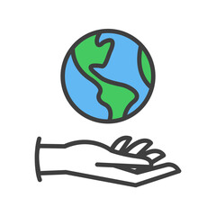 Hand holding planet earth, linear vector icon. Save the planet. Earth day symbol. World Environment Conservation.