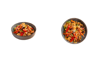 Wok Noodles with vegetables in a plate. Transparent.