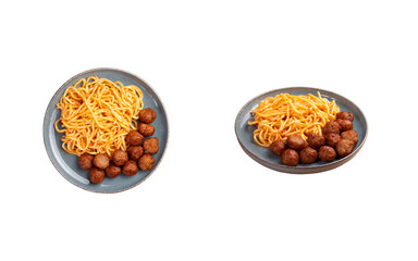 Pasta and meatballs in a plate. Transparent.