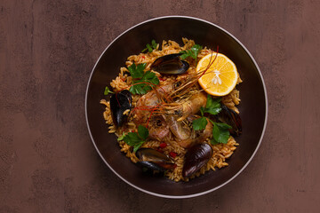 Seafood paella, shrimp and mussels risotto, rice, homemade, top view, no people,