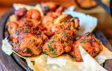Chicken skew Kebab.Traditional Indian dish cooked on charcoal and flame, seasoned & colorfully...