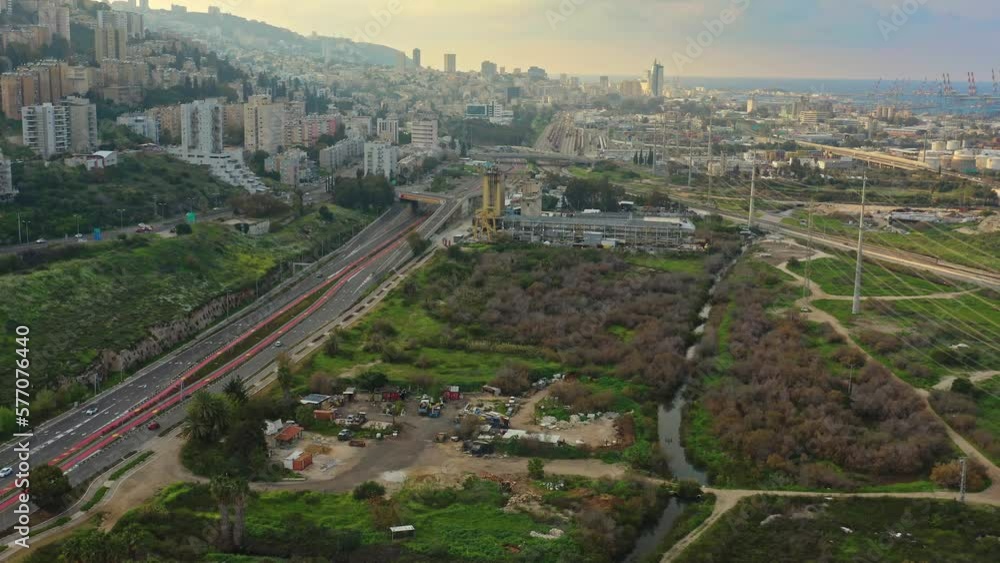 Wall mural haifa skyline carmel panoramic aerial, industrial port, drone view, 4k israel