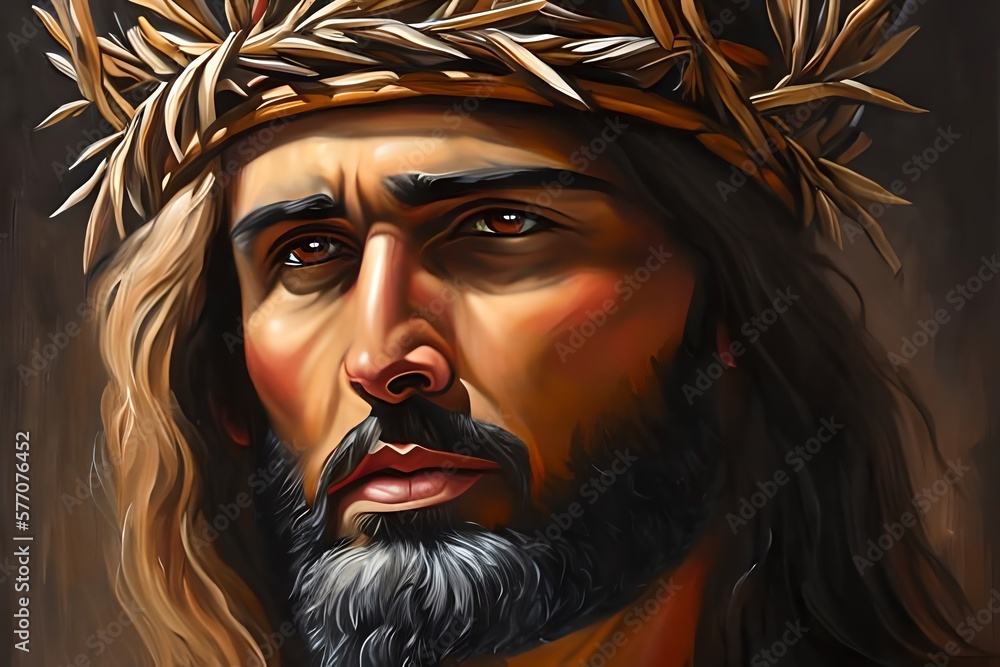 Wall mural Oil Paint of Abstract portrait of Jesus Christ wearing a crown of thorns. Generative AI