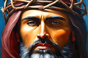 Oil Paint of Abstract portrait of Jesus Christ wearing a crown of thorns. Generative AI