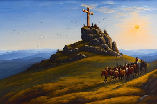 Oil Paint of Good Friday Crossen On Mount Calvary Watercolour. Generative AI
