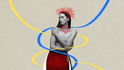 Beauty. Contemporary art collage. Young adorable girl posing in drawing outfit in Ukrainian...