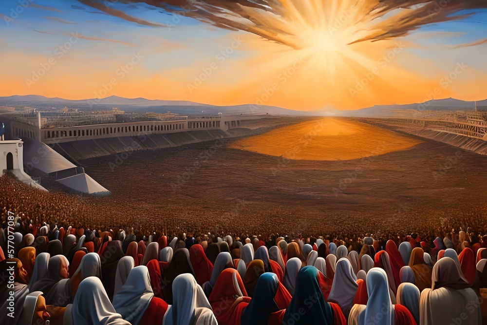 Wall mural Oil Paint of Revelation of Jesus Christ, new testament, religion of christianity, heaven and hell over the crowd of people, Jerusalem of the bible. Generative AI