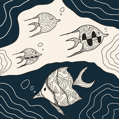 Doodle abstract art fish pattern, hand drawn illustration of underwater life for children’s wallpaper room, restaurant gourmet menu seafood.
