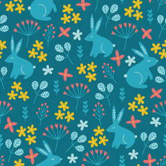 Fototapeta na wymiar Easter seamless pattern with rabbits, berries, leaves and flowers