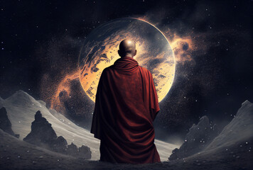 A Tibetan monk meditates against the backdrop of landscape and space. A fantastic world. A huge universe. Clouds, sand, mountains, sky. Generative AI. - obrazy, fototapety, plakaty