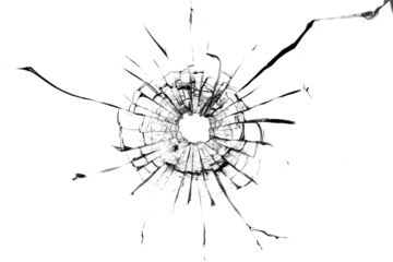 Shot hole, texture of cracks on the glass. Broken windshield. Damaged car window